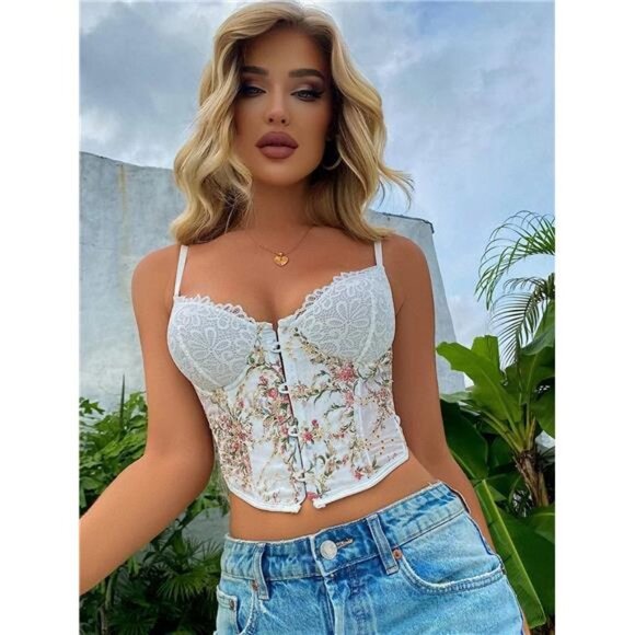 Y2K White Lace Floral Embroidered Bustier Corset Lace Up Cami Crop Top Tank Top - Picture 3 of 6
